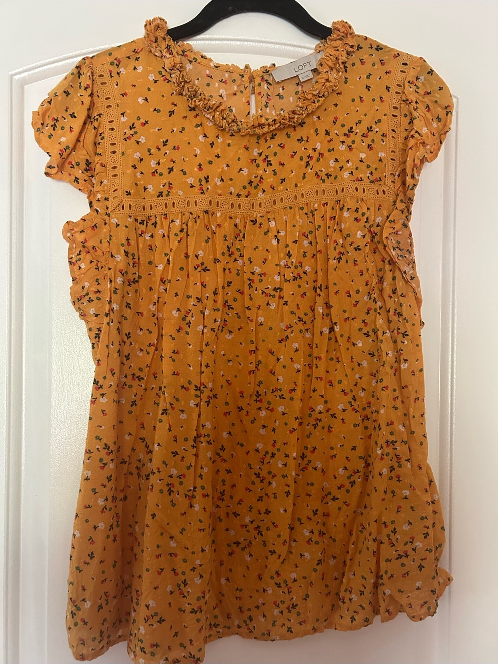 LOFT Mustard Floral Ruffle Sleeve Blouse